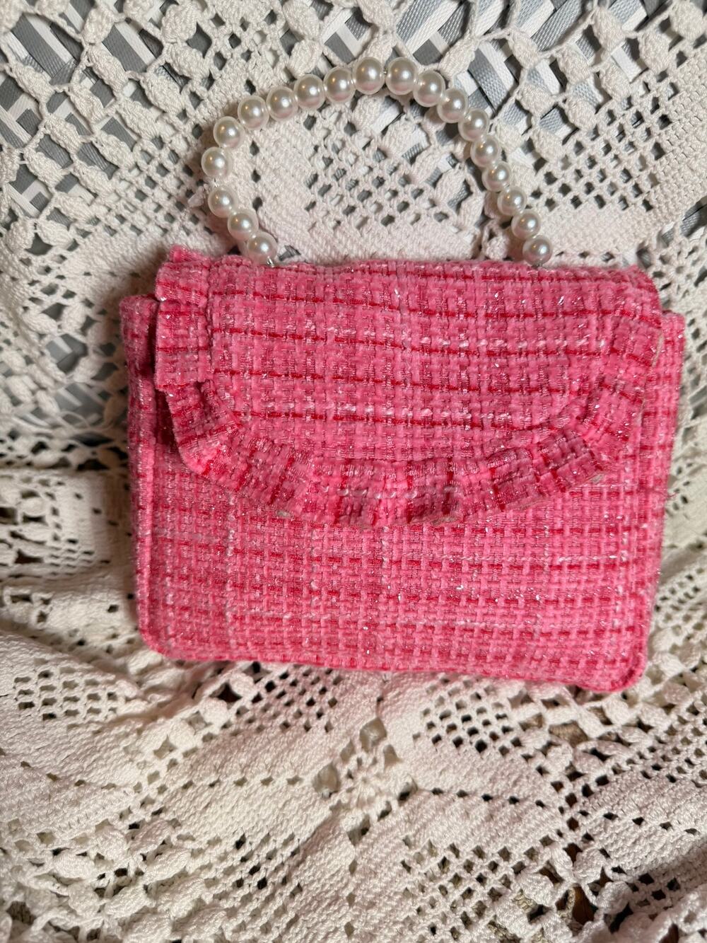 pink tweed purse Vintage 1950s Handbag Faux Pearl Handle